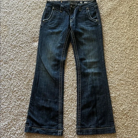 MISS ME⚜️Wide Leg Flare Dark Blue JEANS with Flap Pockets Size 30 - Picture 3 of 12